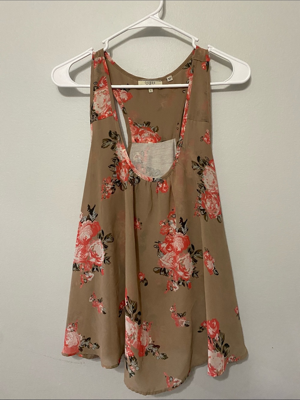 GUESS Taupe Floral Tank with Coral & Pink Blooms